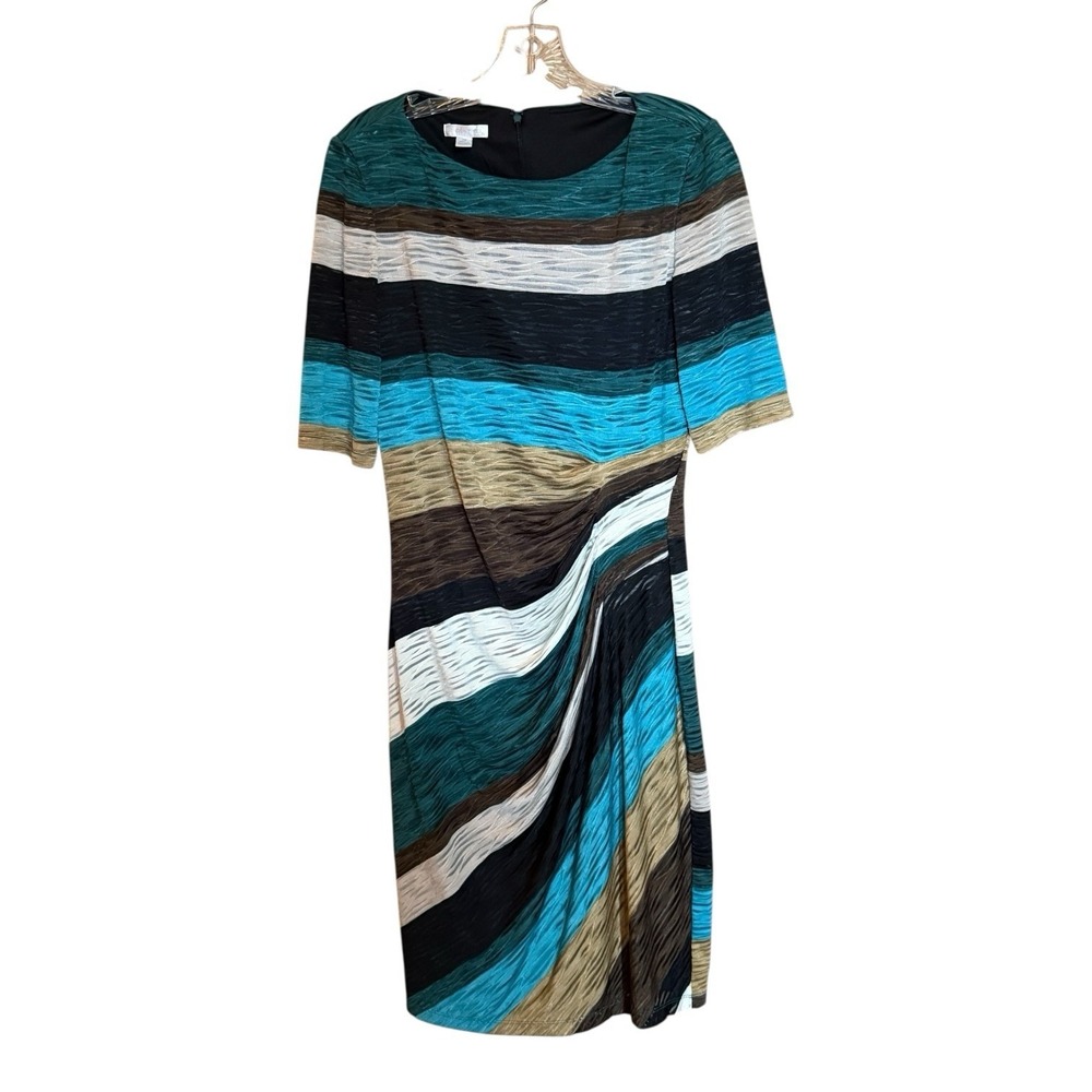 London Times Ruched Sheath Dress Multicolor Lined Semi Shear Sleeves Women's 12